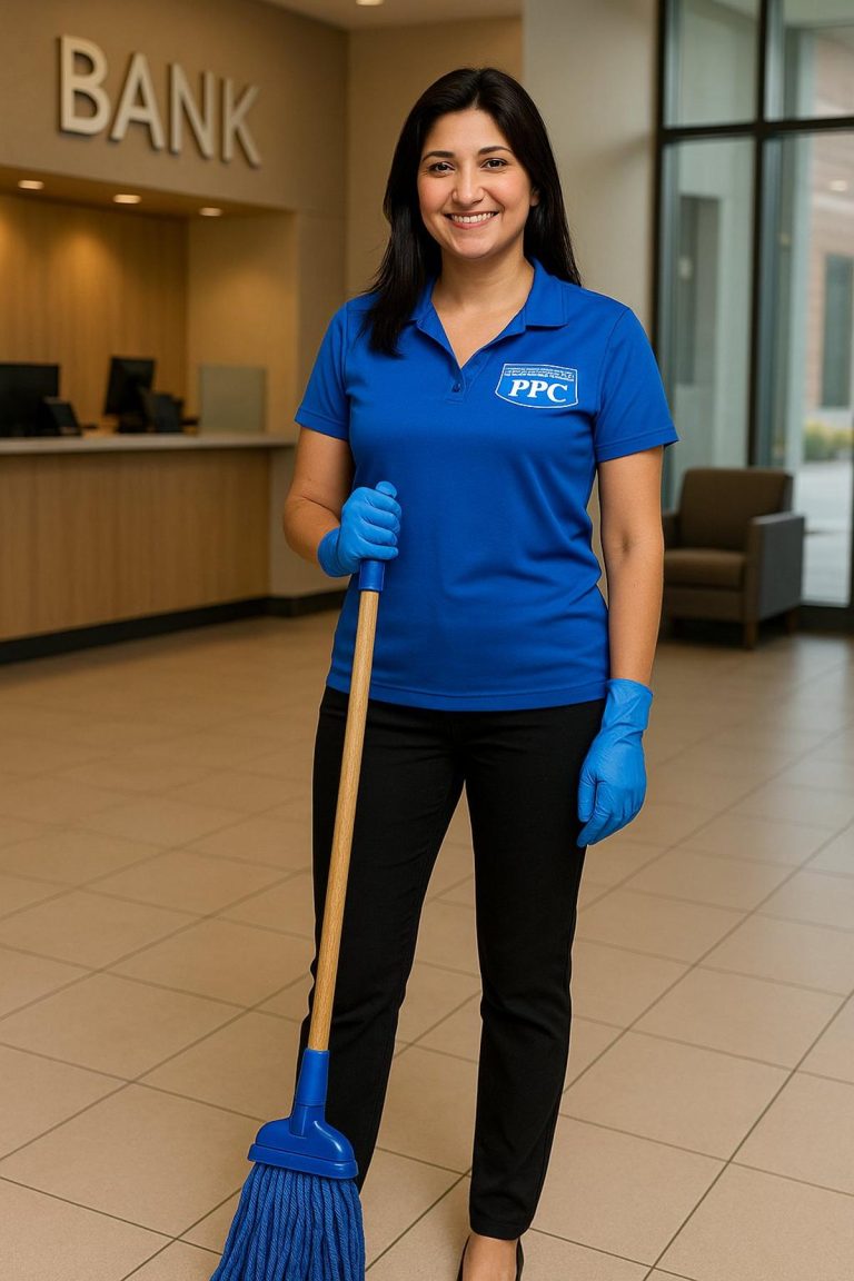 Female Picture Perfect Cleaning employee mopping a bank floor in Calgary and Edmonton wearing blue PPC uniform and gloves