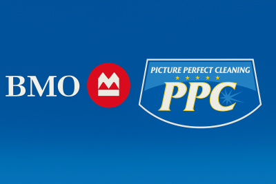 BMO logo and Picture Perfect Cleaning logo together on a clean blue background symbolizing a three-generation banking relationship.
